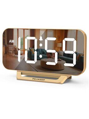 Digital Alarm Clock Large LED Display Mirror Dimmer Heavy Sleeper Gold